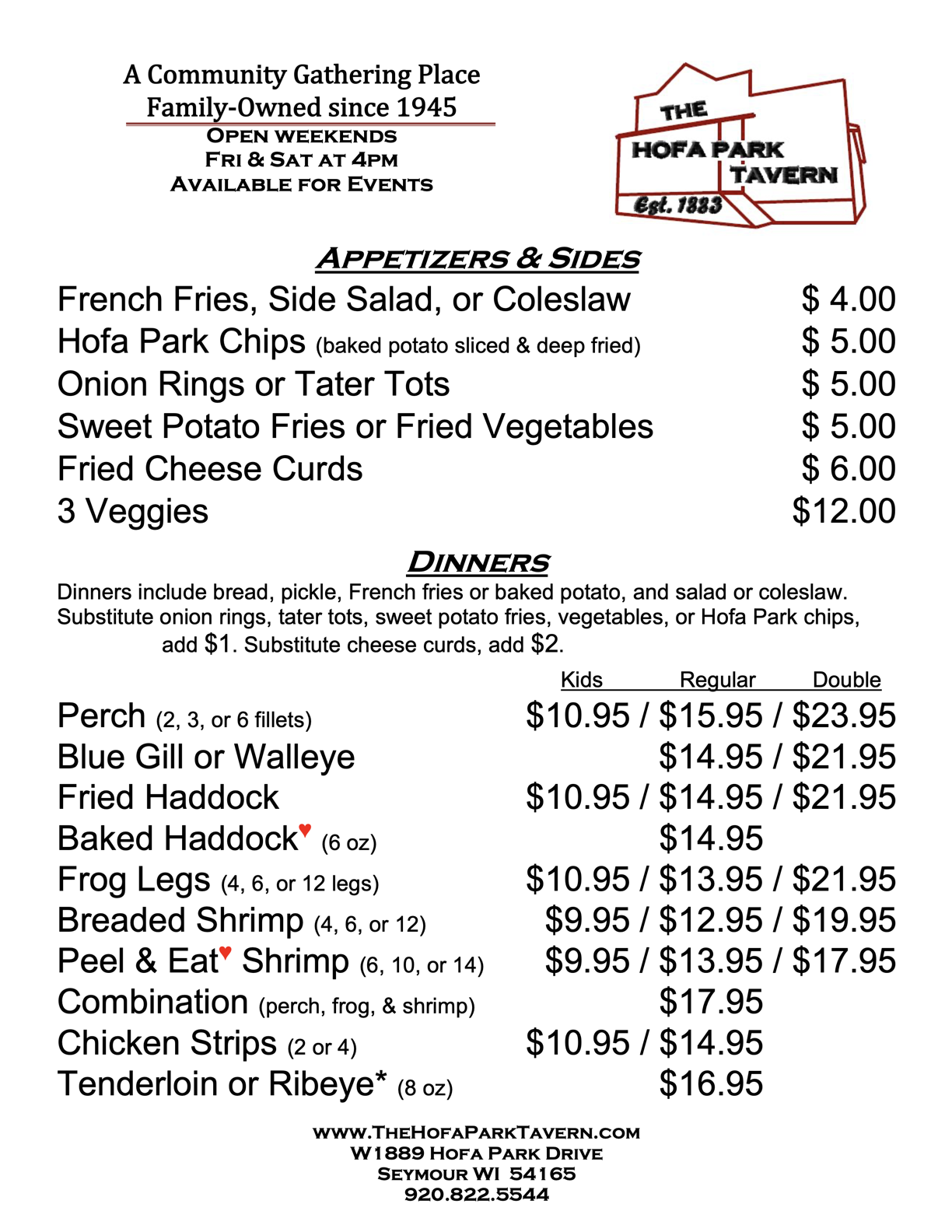 Hofa Park Tavern menu page 1 — appetizers, sides, and dinners