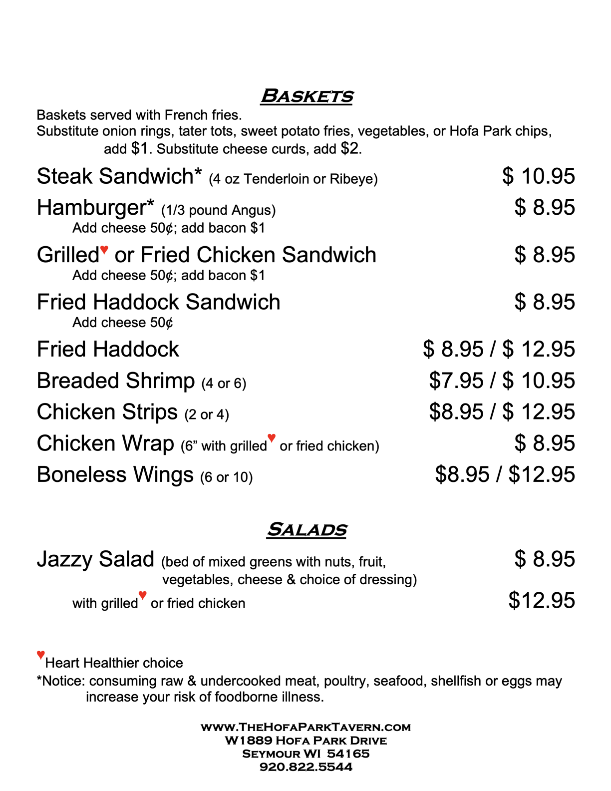Hofa Park Tavern menu page 2 — baskets and salads